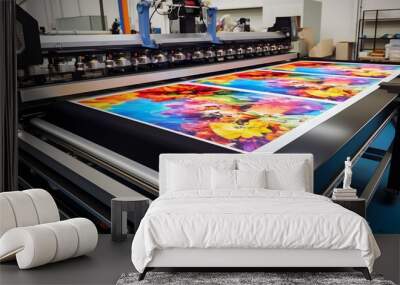 Large wide digital inkjet printing machine during production.  Wall mural